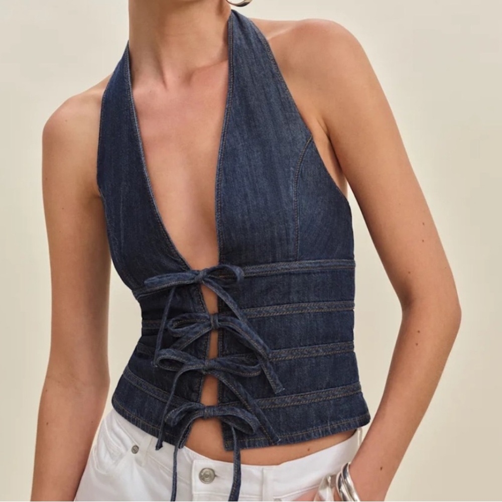 Reformation Kyleigh Denim Halter Top with Lace-Up Front